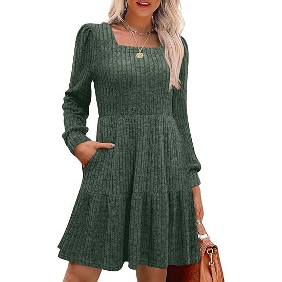 Women's dress square neck long sleeve winter dress - Image 4