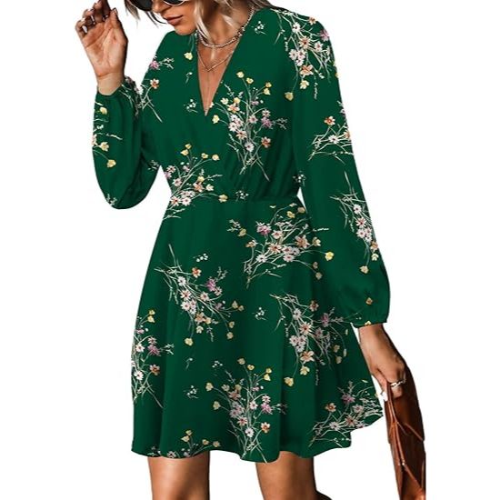 Women's Floral V-Neck Long Sleeve Autumn Dress - Image 4
