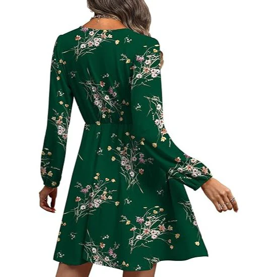 Women's Floral V-Neck Long Sleeve Autumn Dress - Image 5